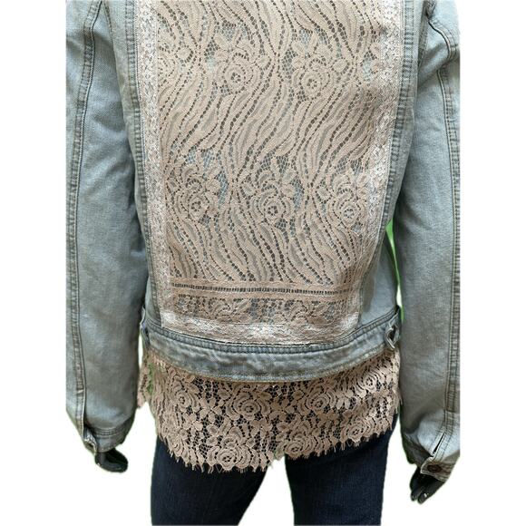 Upcycled Denim Jacket Pink Lace Hem & Back Panel Large - Picture 9 of 9